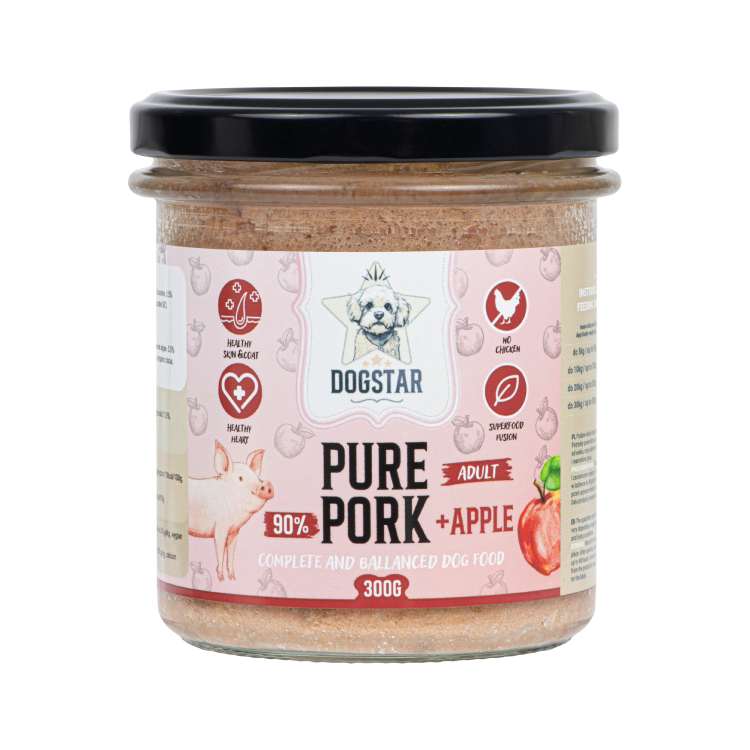 DOGSTAR – karma mokra dla psa wieprzowina z jabłkiem 90% mięsa – wysoka zawartość białka – 300g