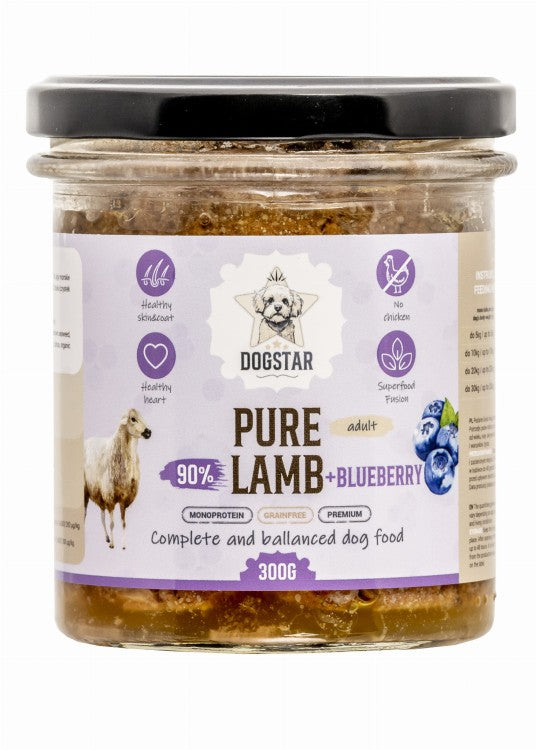 DOGSTAR – karma mokra dla psa jagnięcina z borówką i jabłkiem 90% mięsa – lekkostrawna – 300g