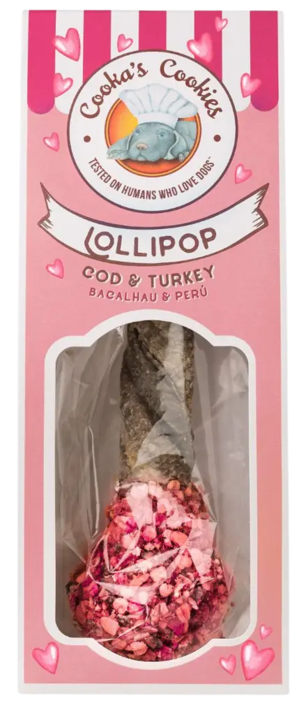 Cooka’s Cookies EDYCJA RÓŻOWA LOLLIPOP Lizak - gryzak z dorsza i indyka 30g Przysmak dla psa