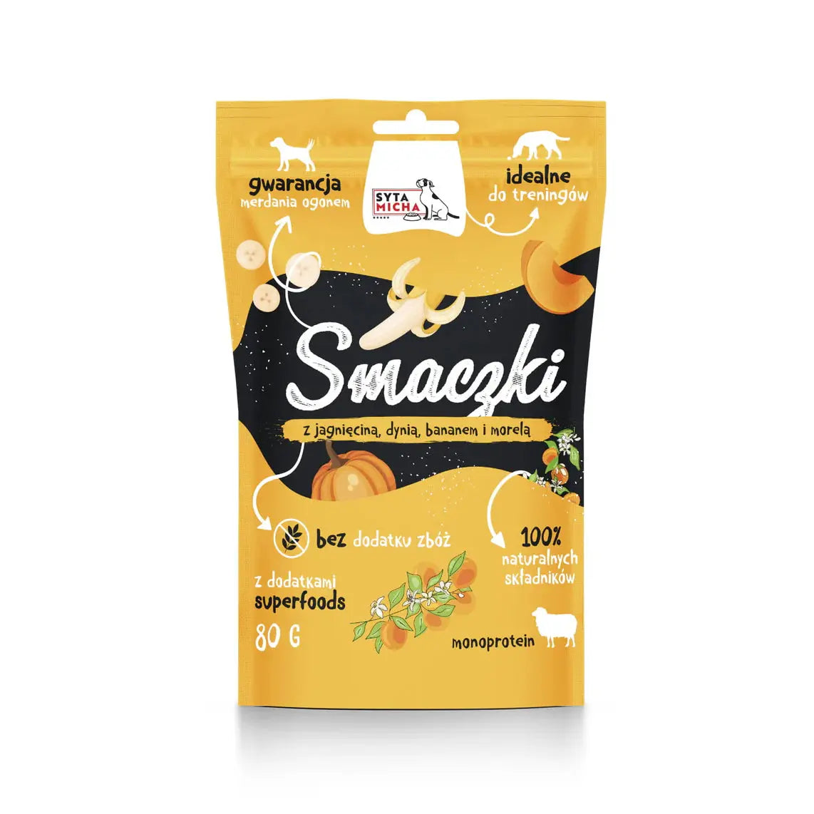 Smaczki dla psa z jagnięciną, dynią, bananem i morelą 80g Syta Micha