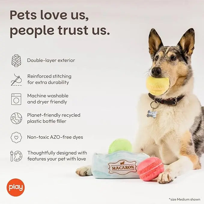 P.L.A.Y. – urocza pluszowa zabawka dla psa w stylu kawiarni Motyw kawiarni / jedzenia – wytrzymała zabawka do gryzienia z piszczałką (Pup Cup Cafe Mutt-a-rons).