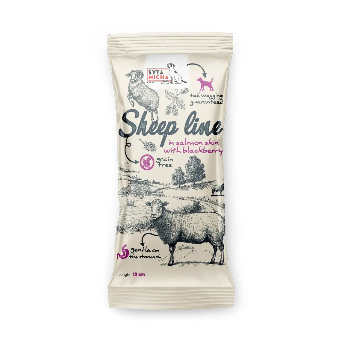 Syta Micha Sheep Line Kość do żucia Owca w skórze łososia z jeżyną 12cm Syta Micha