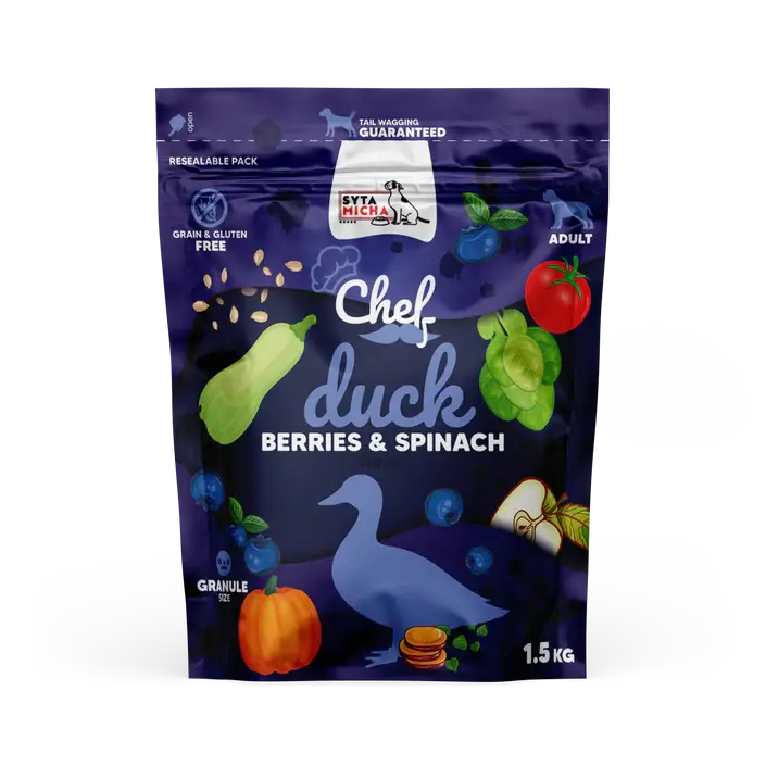 Sucha karma dla psa Kaczka, jagody i szpinak 1.5kg Syta Micha