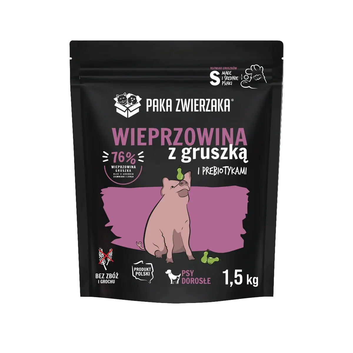 Karma sucha Wieprzowina z gruszką "S" 1,5kg Paka Zwierzaka