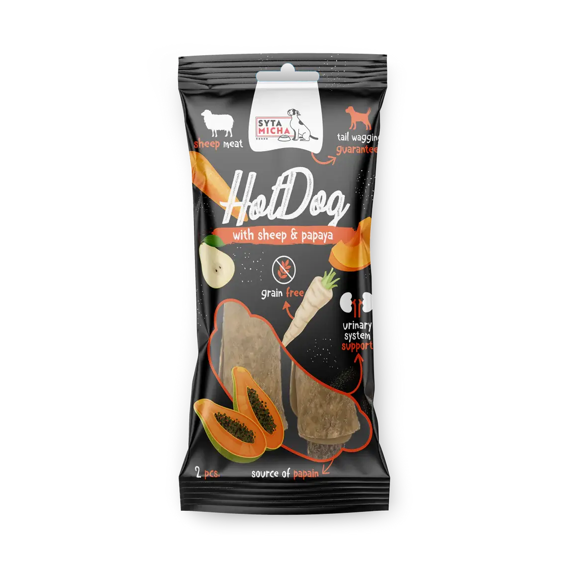 Hot Dog do żucia dla psa - warzywny z papają w skórze owcy 2 szt. Syta Micha