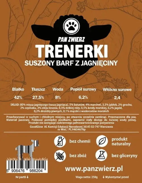 Trenerki -SUSZONY BARF Z JAGNIĘCINY 250g Pan Zwierz