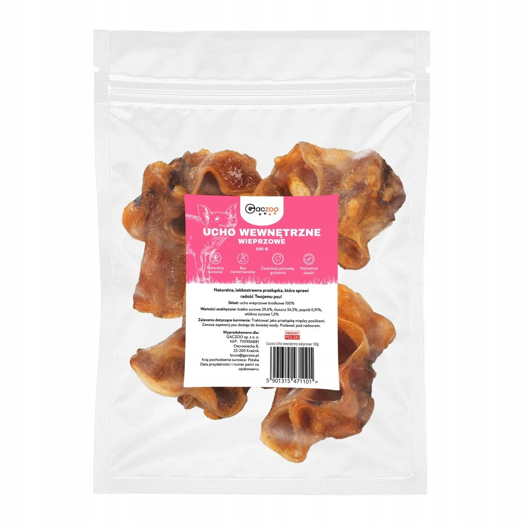 Przysmak dla psa Ucho Wewnętrzne Środkowe Wieprzowe 100g GACZOO naturalny