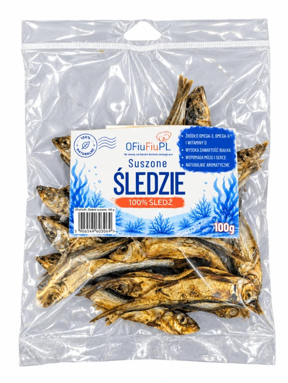 Suszone ŚLEDZIE dla psa naturalny rybny przysmak 100g