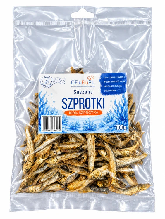 Suszone SZPROTKI dla psa naturalny rybny przysmak 100g