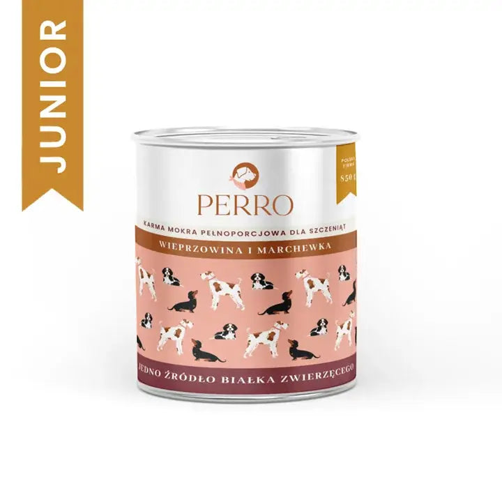 Karma mokra JUNIOR Wieprzowina i marchewka – monobiałkowa formuła dla szczeniąt wszystkich ras 410g Perro