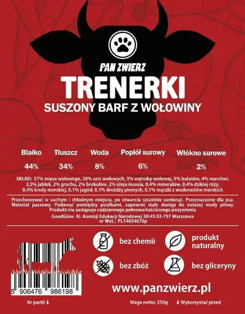 Trenerki - SUSZONY BARF Z WOŁOWINY 250g Pan Zwierz