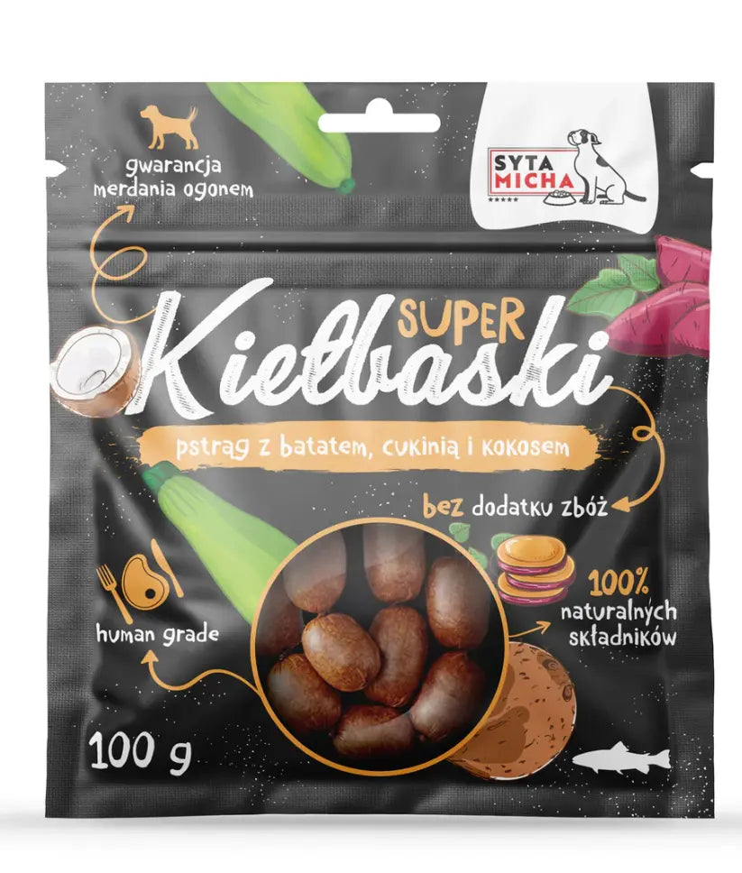 Super kiełbaski dla psa z pstrągiem, batatem, cukinią i kokosem 100g