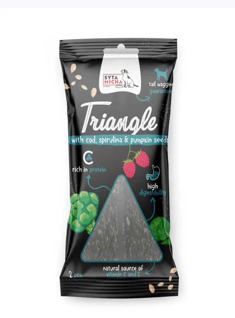 Trójkąt do żucia dla psa - dorsz z jeleniem i spiruliną 2 szt.