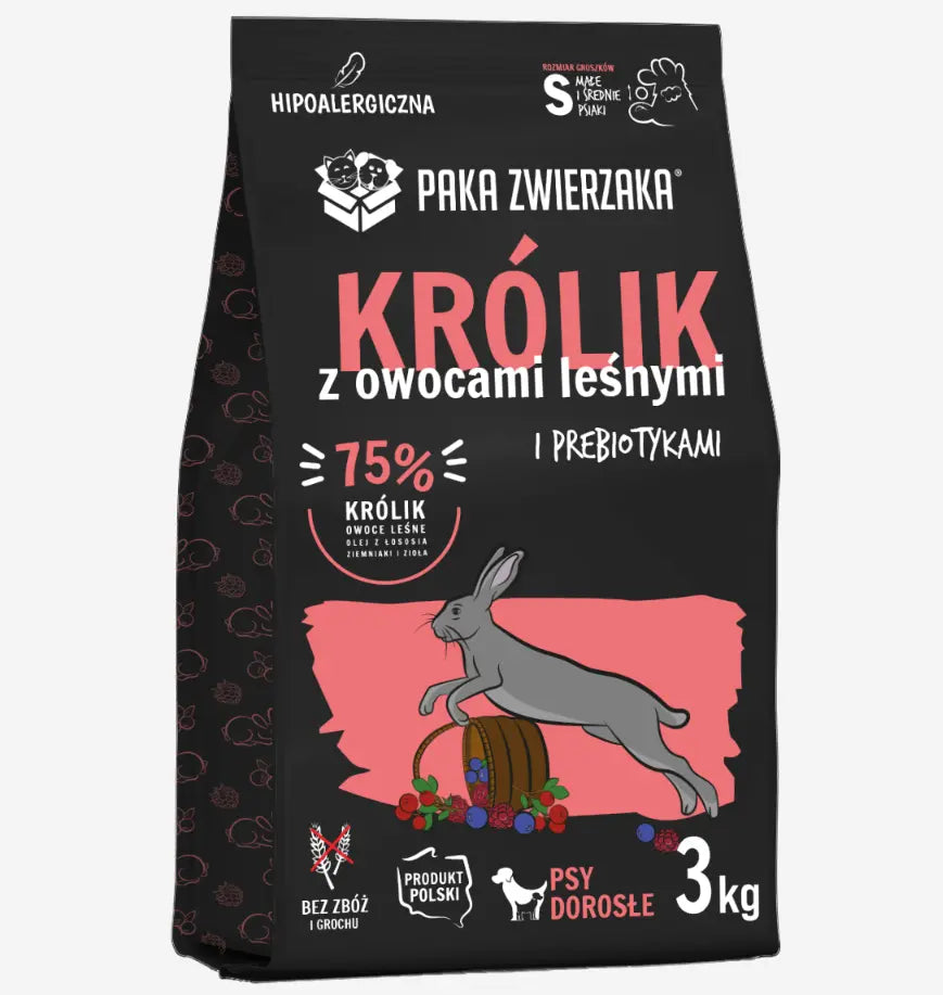 Karma sucha dla psa PAKA ZWIERZAKA królik z owocami leśnymi S 3 kg