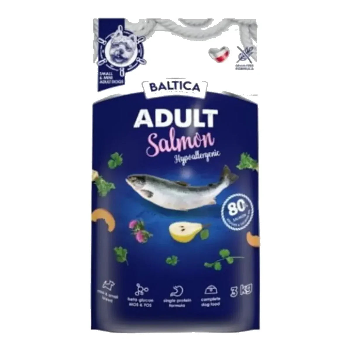 BALTICA Adult XS/S Salmon 3 kg bezzbożowa karma z łososiem dla małych psów – packshot produktu na białym tle