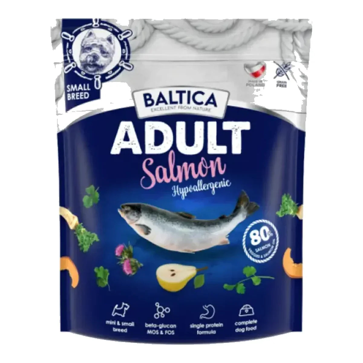 BALTICA Excellent Hypoallergenic Adult Małe rasy Mono Łosoś - sucha karma dla psa - 1kg – packshot produktu na białym tle