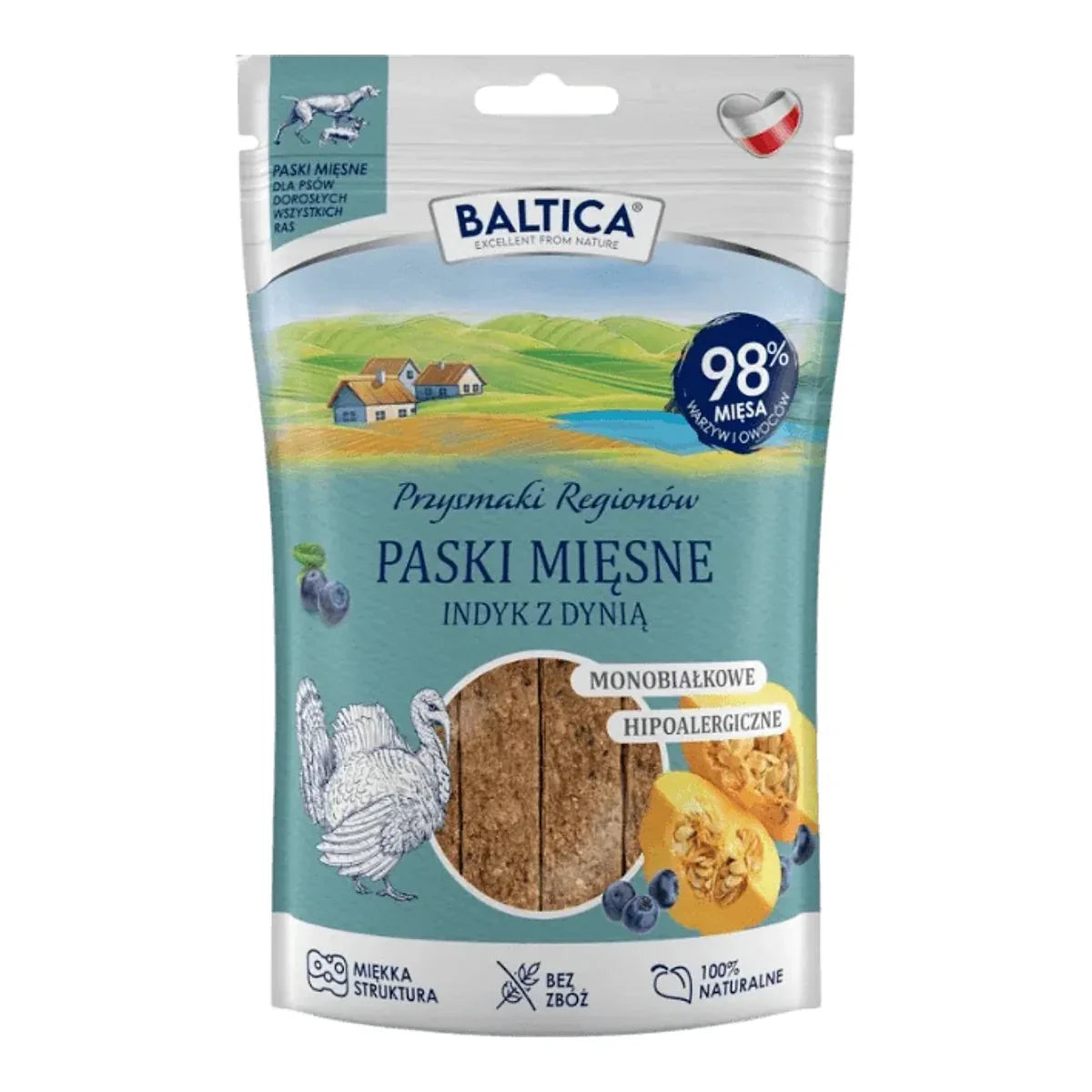 Baltica – Indyk z dynią 90g – Mięsne paski – Przysmaki Regionów – packshot produktu na białym tle