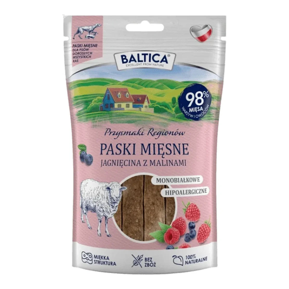 Baltica – Jagnięcina z malinami 90g – Mięsne paski – Przysmaki Regionów – packshot produktu na białym tle