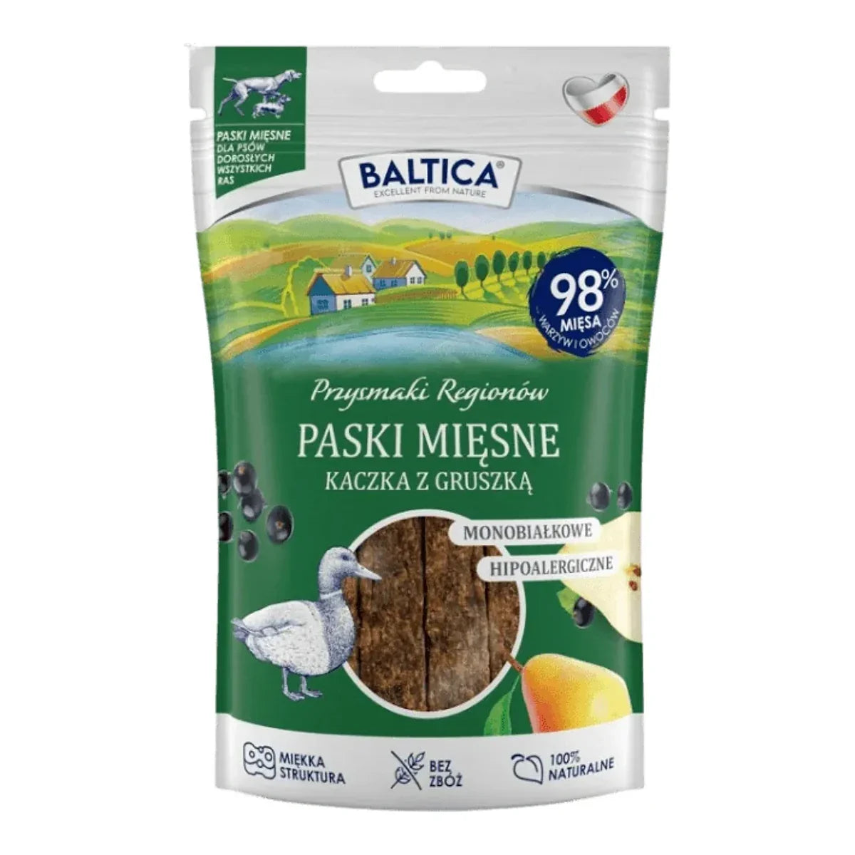 Baltica – Kaczka z gruszką 90g – Mięsne paski – Przysmaki Regionów – packshot produktu na białym tle