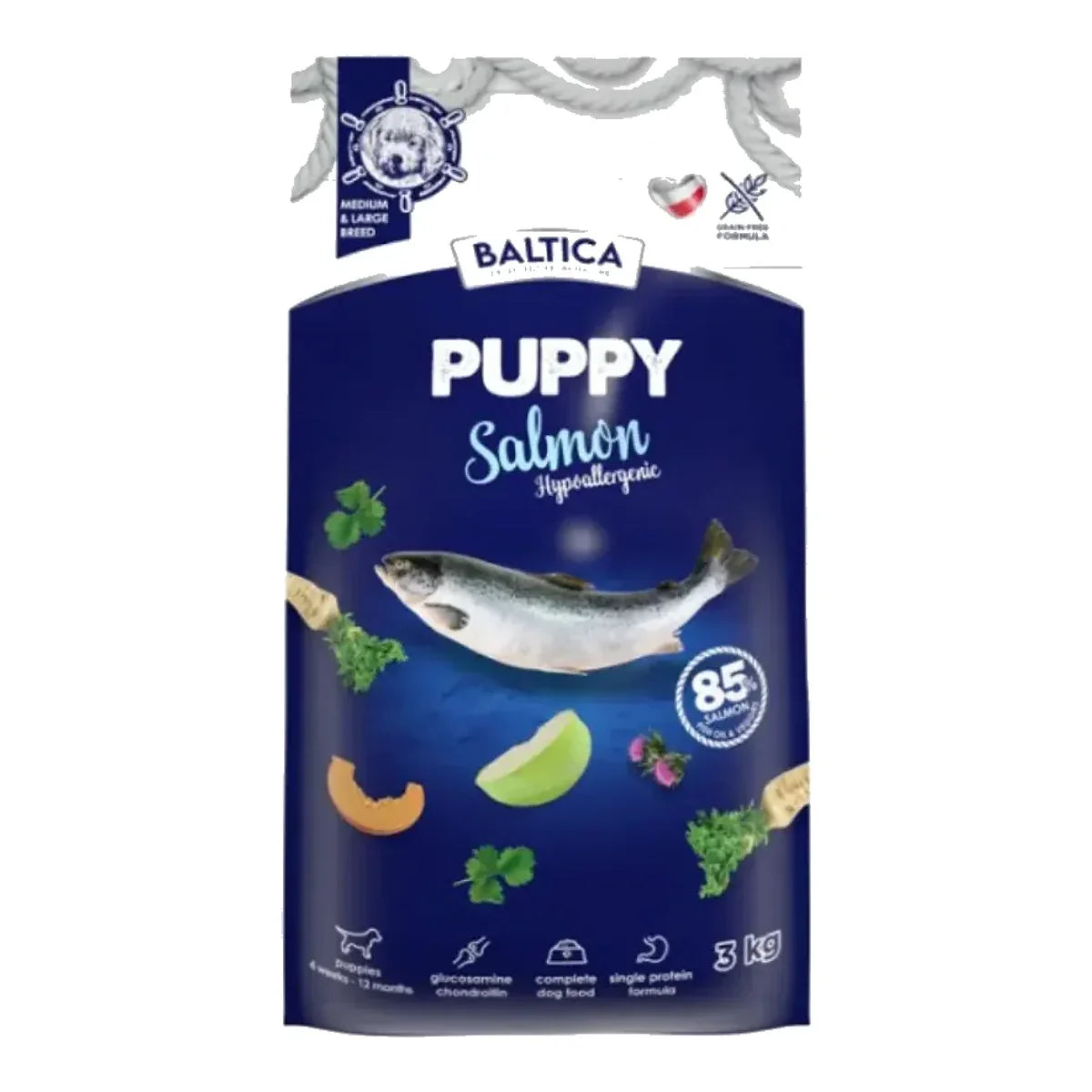 Baltica Salmon Hypoallergenic Puppy Medium & Large Breeds 3kg – packshot produktu na białym tle