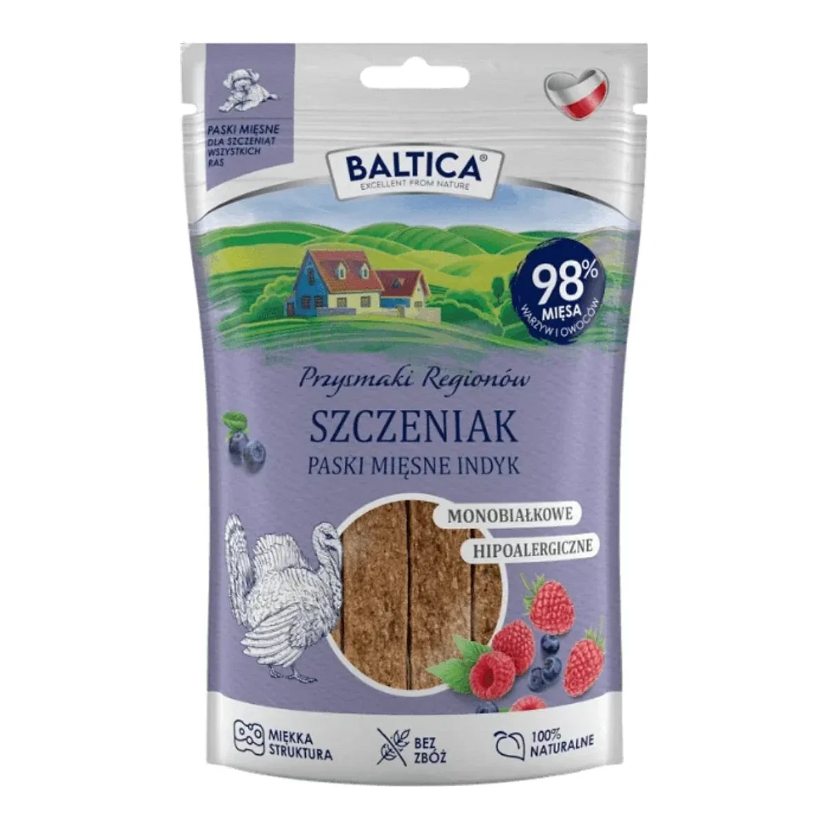 Baltica – Szczeniak Indyk 90g – Mięsne paski – Przysmaki Regionów – packshot produktu na białym tle