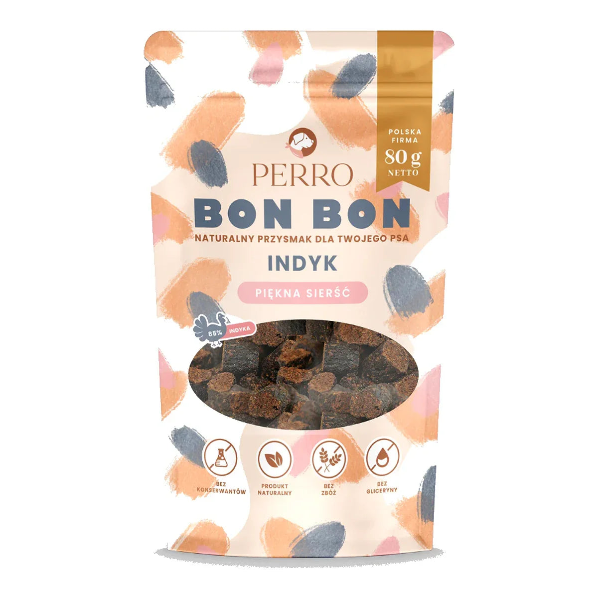 BON BON Indyk – Piękna sierść Przysmaki z dodatkiem funkcyjnym 80g – packshot produktu na białym tle