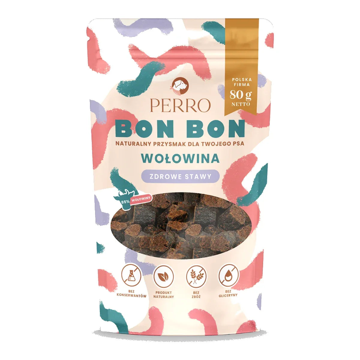 BON BON Wołowina – Zdrowe stawy Przysmaki z dodatkiem funkcyjnym 80g – packshot produktu na białym tle