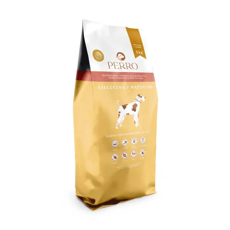 Karma sucha Cielęcina z batatami – bezzbożowa formuła dla psów dorosłych średnich i dużych ras 1kg Perro