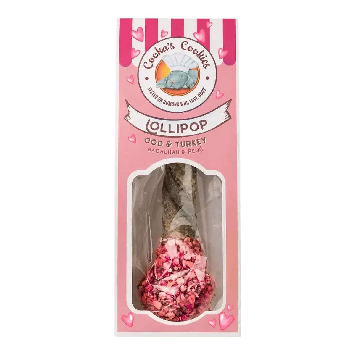Cooka’s Cookies EDYCJA RÓŻOWA LOLLIPOP Lizak - gryzak z dorsza i indyka 30g Przysmak dla psa – packshot produktu na białym tle