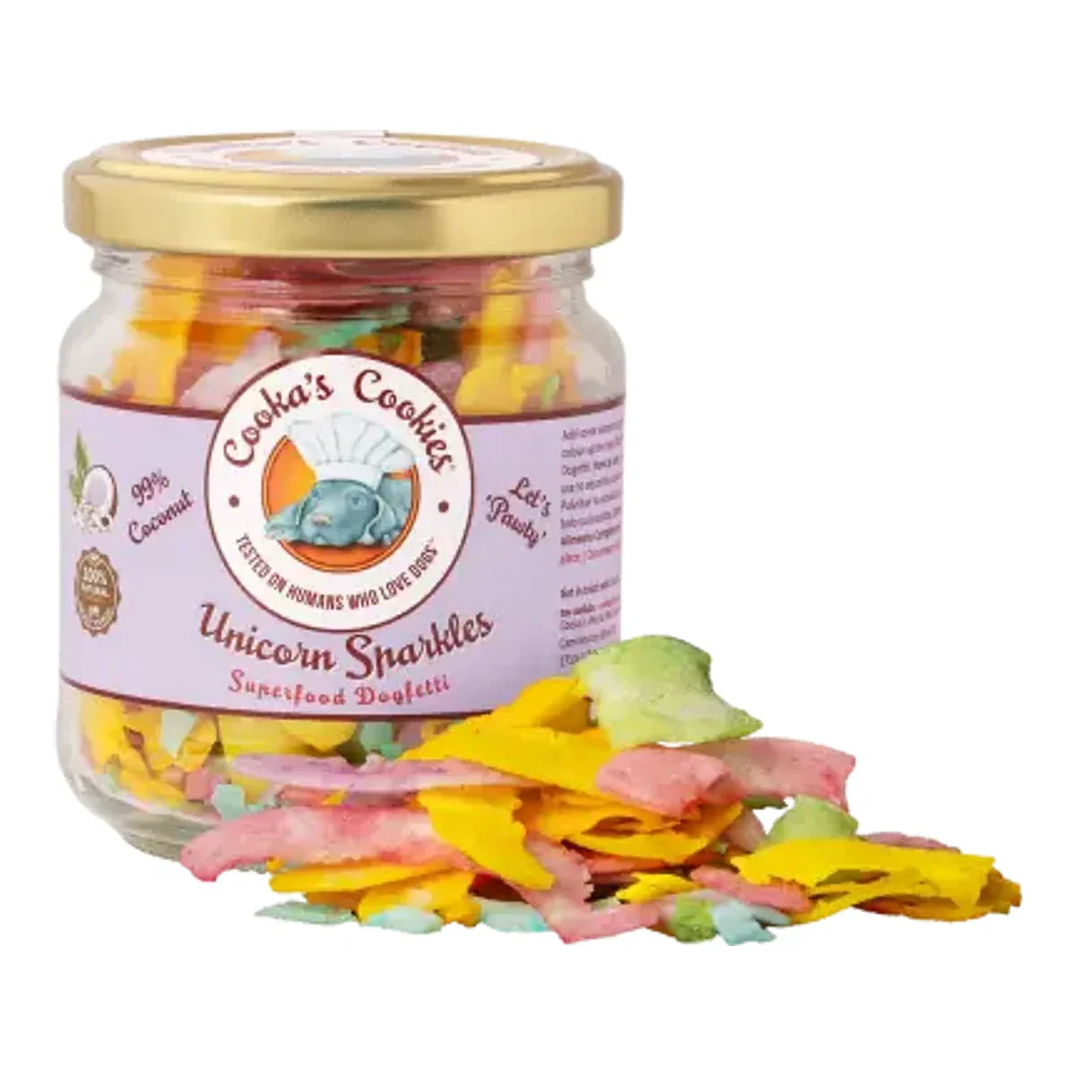 Cooka’s Cookies UNICORN SPARKLES Płatki kokosa z dodatkami Superfood 40g dla psa – packshot produktu na białym tle