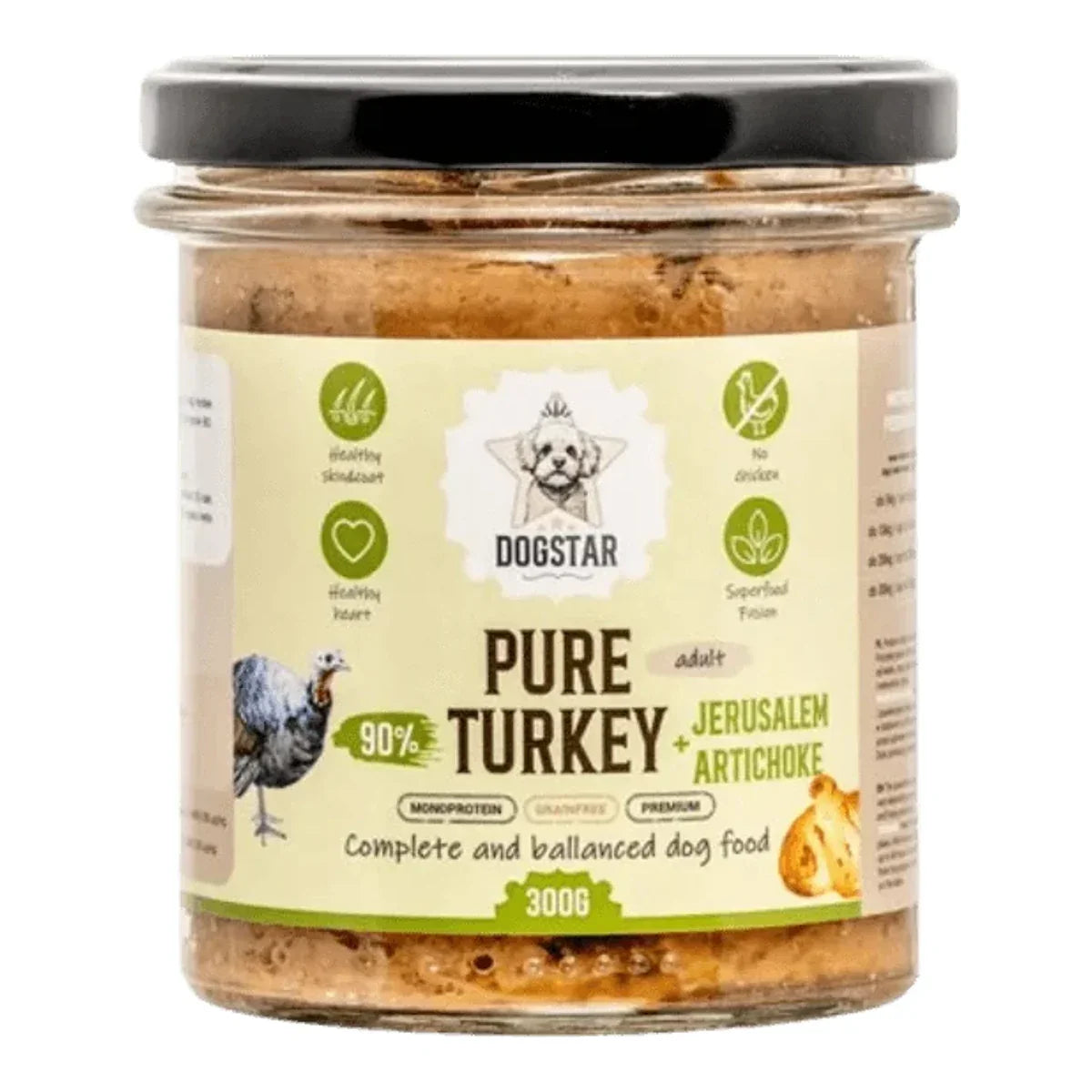 DOGSTAR – karma mokra dla psa indyk z topinamburem i jarmużem 90% mięsa – lekkostrawna – 300g – packshot produktu na białym tle