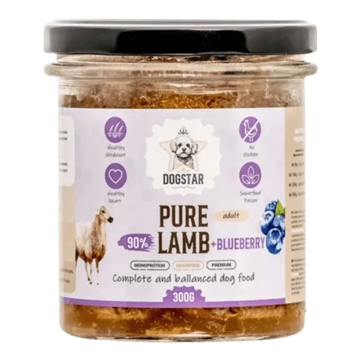 DOGSTAR – karma mokra dla psa jagnięcina z borówką i jabłkiem 90% mięsa – lekkostrawna – 300g – packshot produktu na białym tle