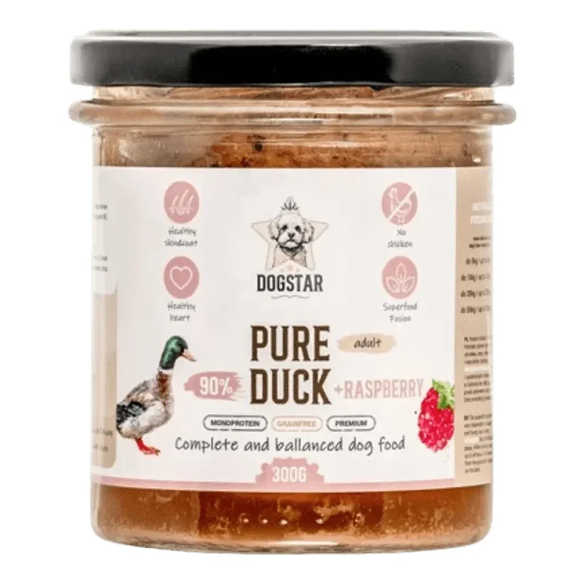 DOGSTAR – karma mokra dla psa kaczka z maliną i marchewką 90% mięsa – bogata w składniki odżywcze – 300g – packshot produktu na białym tle