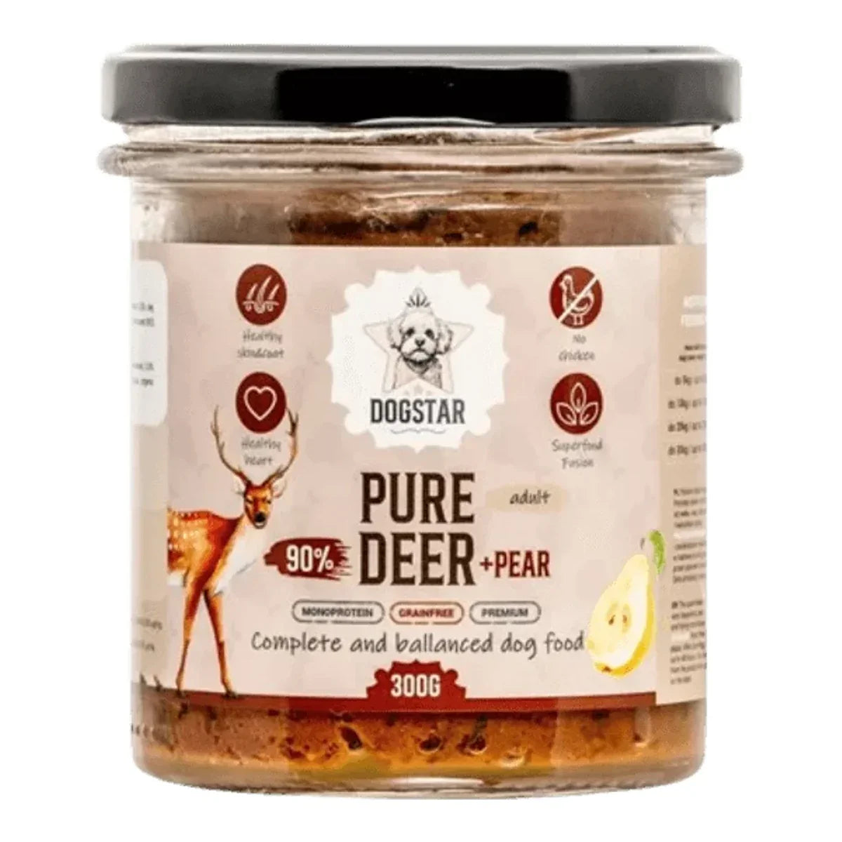 DOGSTAR PURE Jeleń z Gruszką 300 g | Karma mokra dla psa – packshot produktu na białym tle