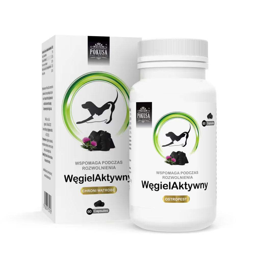 Pokusa Węgiel Aktywny 60kaps. - preparat wspierający procesy układu trawiennego, dla psów i kotów, z dodatkiem ostropestu plamistego Pokusa For Health