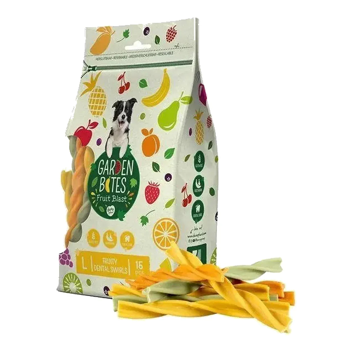 GARDEN BITES Fruity Dental Swirls L 15 szt 270g – packshot produktu na białym tle