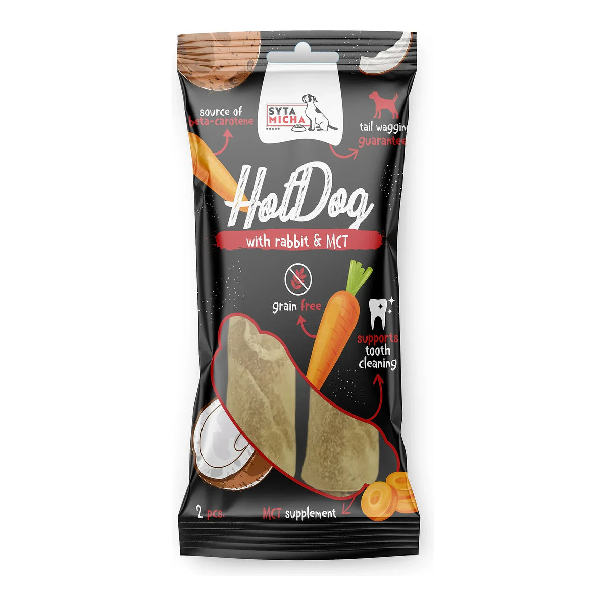 Hot Dog do żucia dla psa - królik z MCT 2 szt. – packshot produktu na białym tle