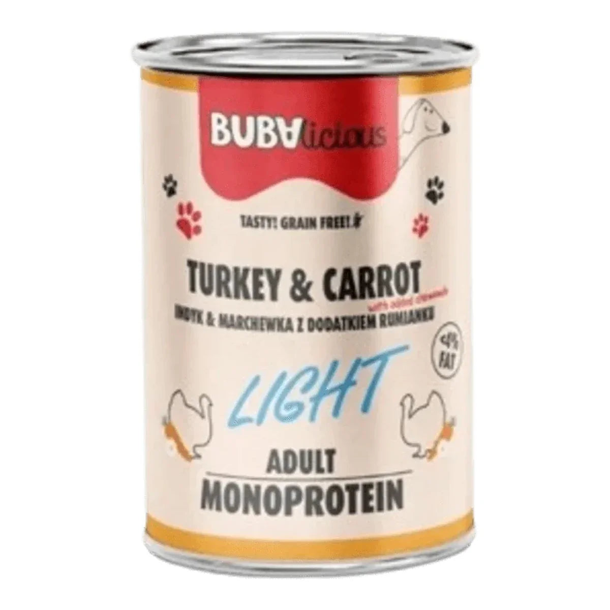 Karma mokra BUBAlicious LIGHT mono karma dla psa 400g INDYK – packshot produktu na białym tle