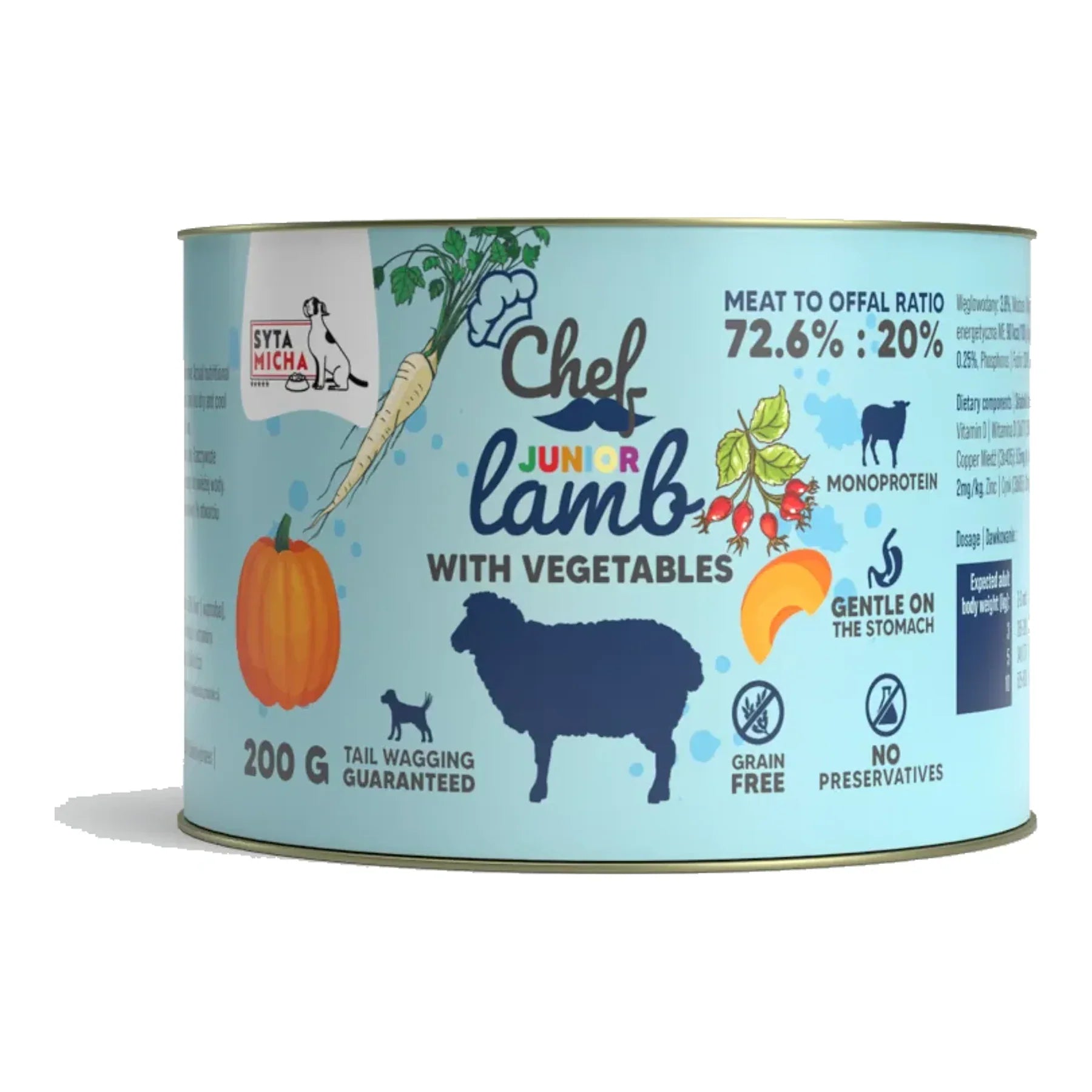 Karma mokra dla psa Jagnięcina z warzywami JUNIOR 200g – packshot produktu na białym tle