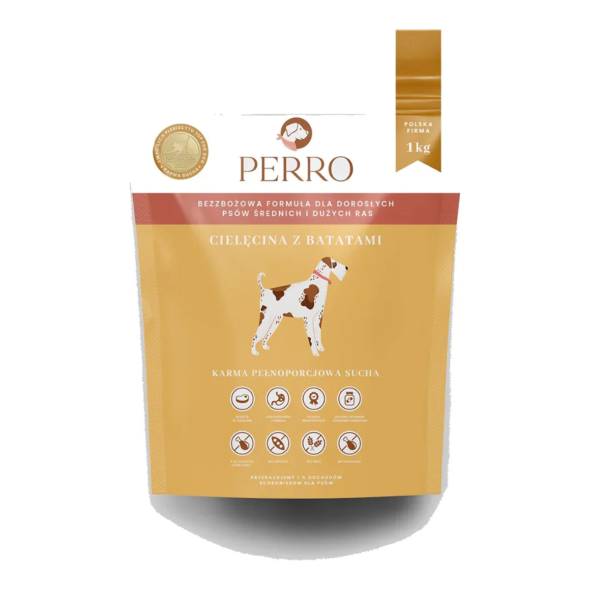 Karma sucha Cielęcina z batatami – bezzbożowa formuła dla psów dorosłych średnich i dużych ras 1kg – packshot produktu na białym tle