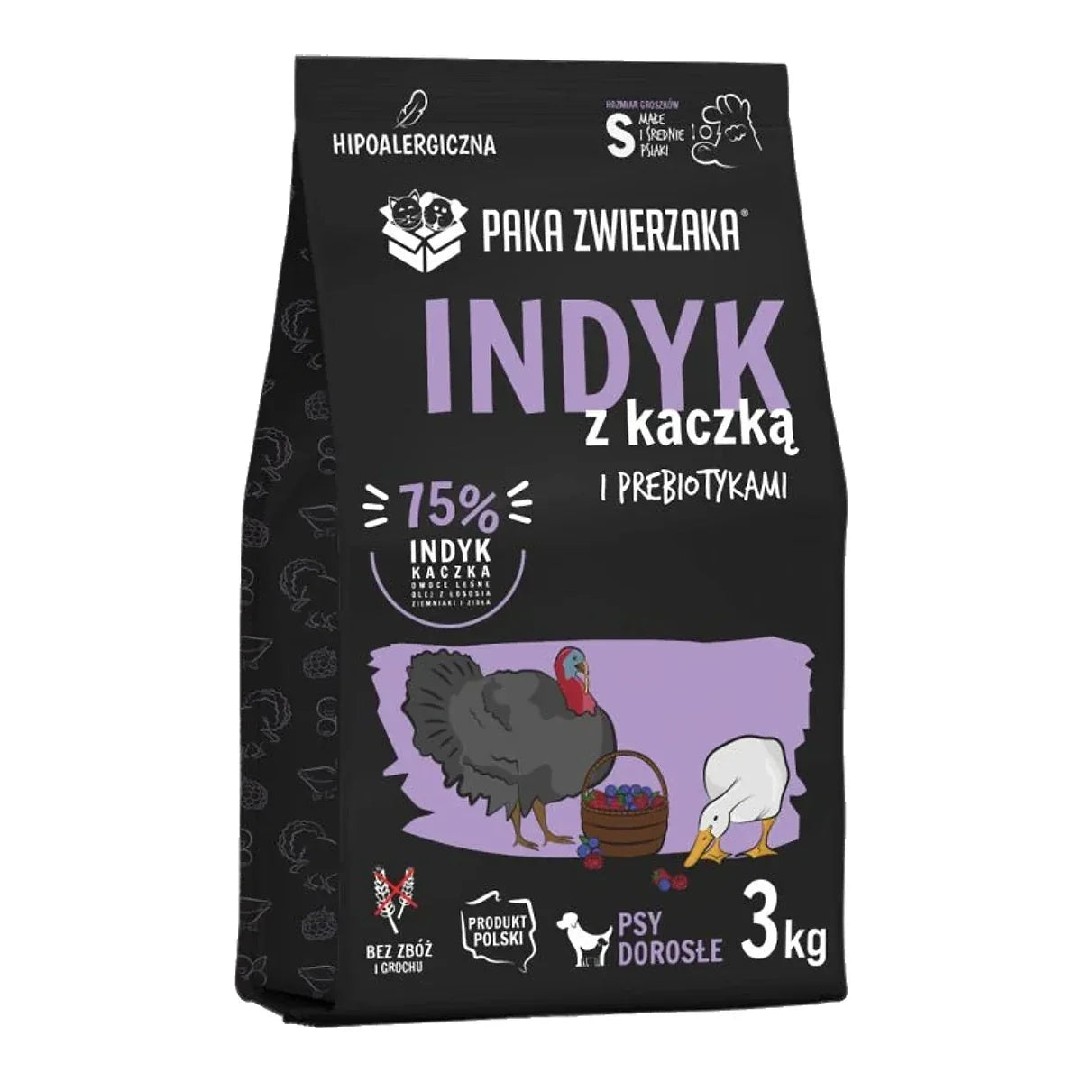 Karma sucha dla psa PAKA ZWIERZAKA indyk z kaczką S 3 kg – packshot produktu na białym tle