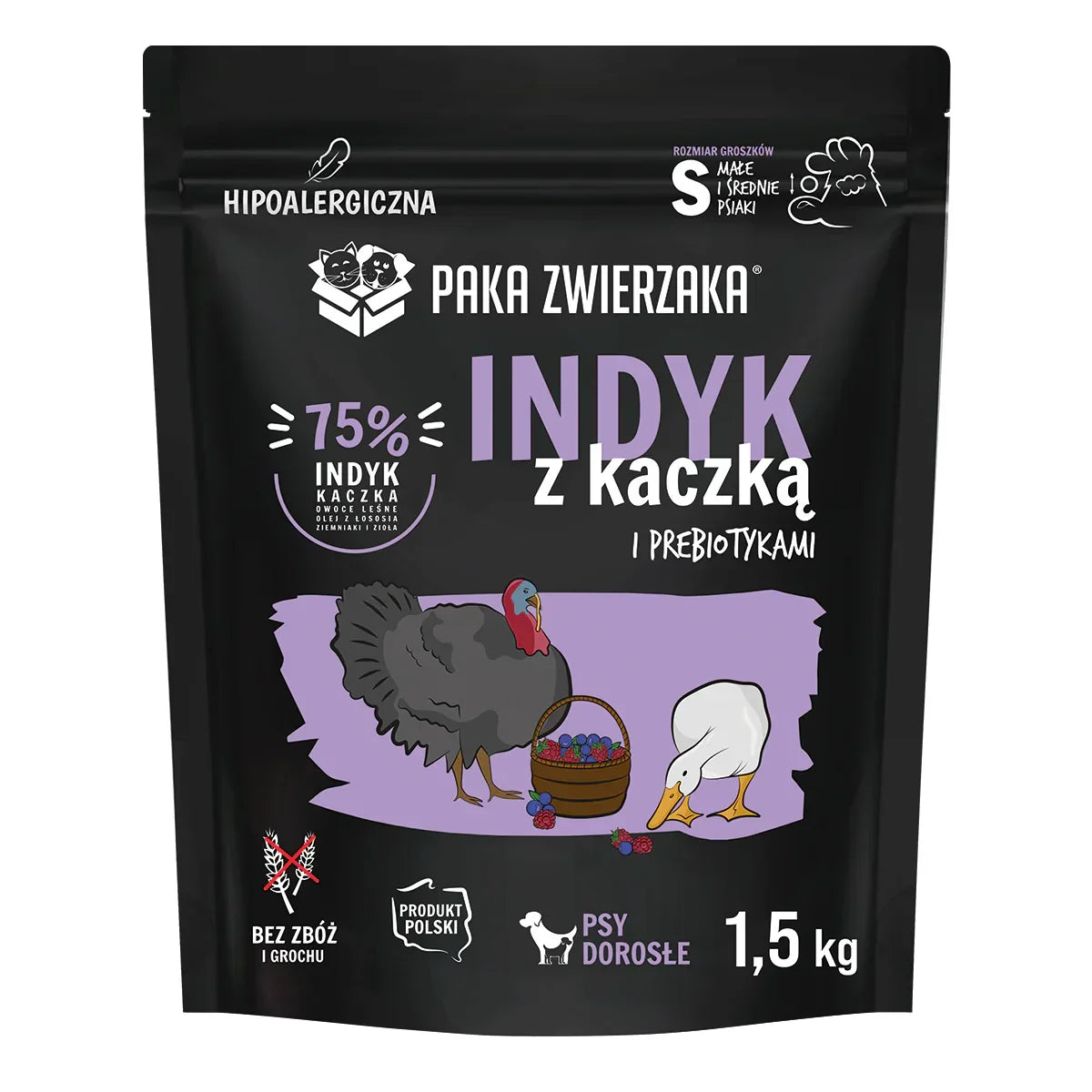 Karma sucha Indyk z kaczką ''S'' - 1.5kg Paka Zwierzaka