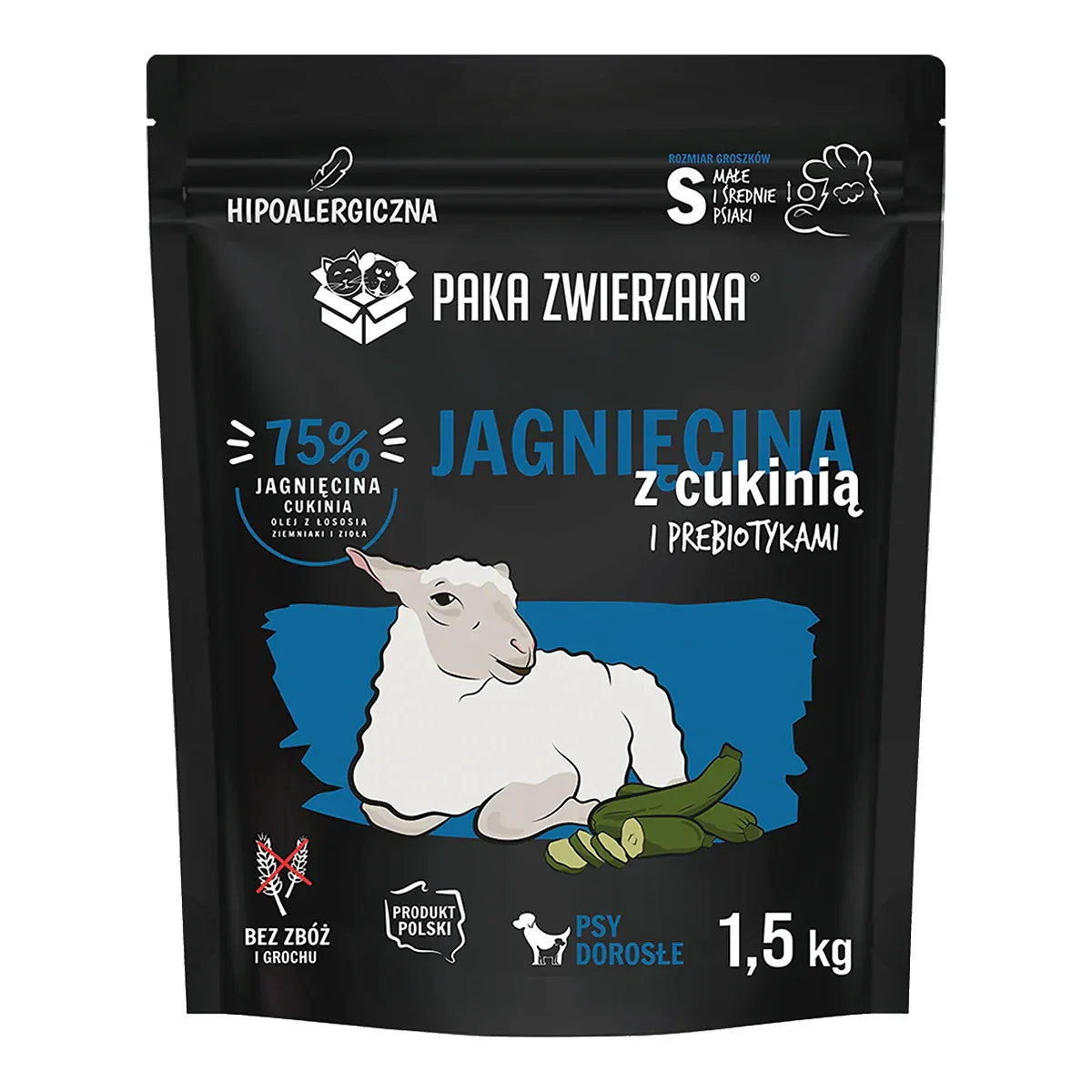 Karma sucha Jagnięcina z cukinią "S" 1,5kg – packshot produktu na białym tle