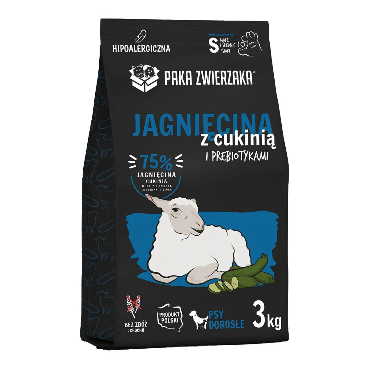 Karma sucha Jagnięcina z cukinią "S" 3kg – packshot produktu na białym tle