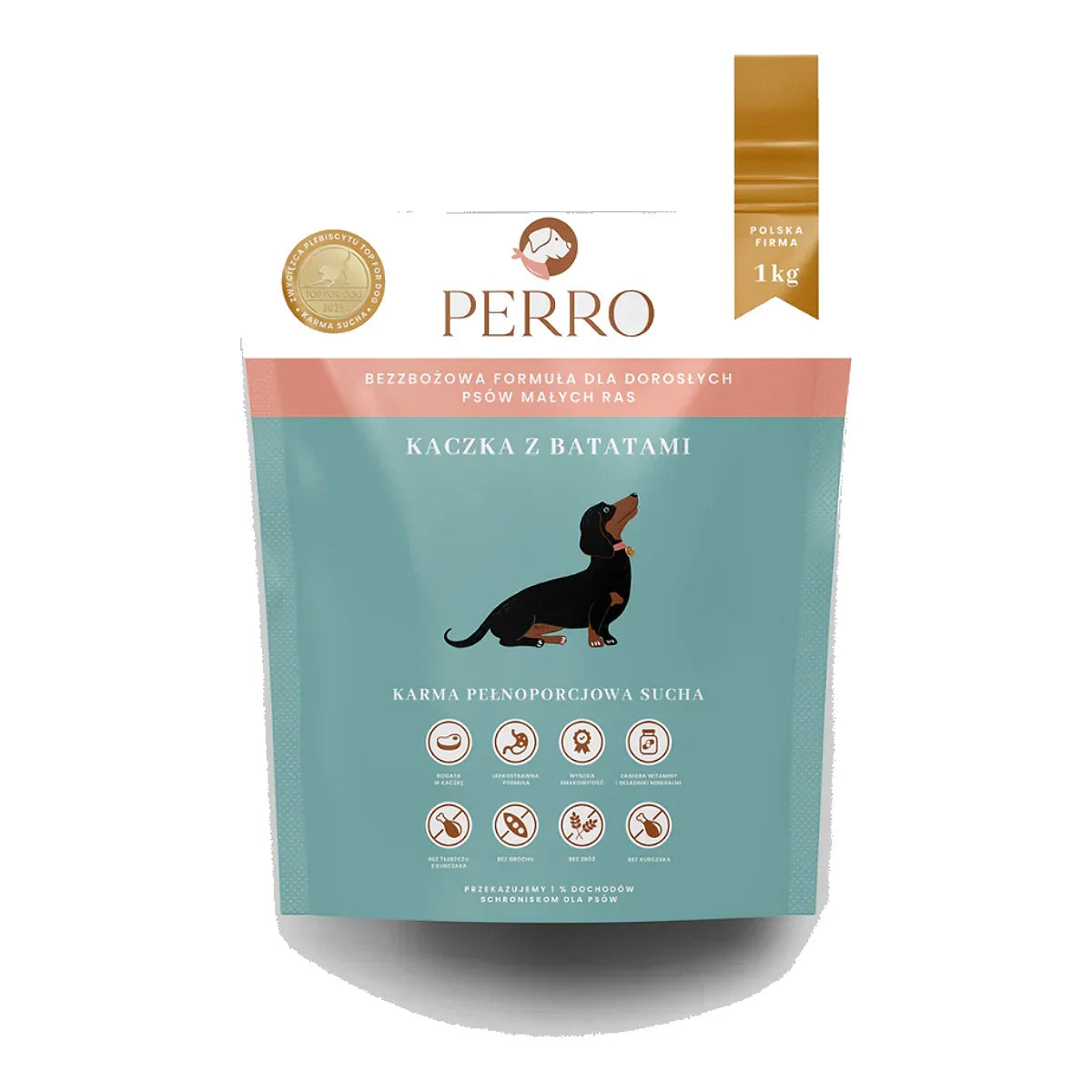 Karma sucha Kaczka z batatami – bezzbożowa formuła dla psów dorosłych małych ras 1kg – packshot produktu na białym tle