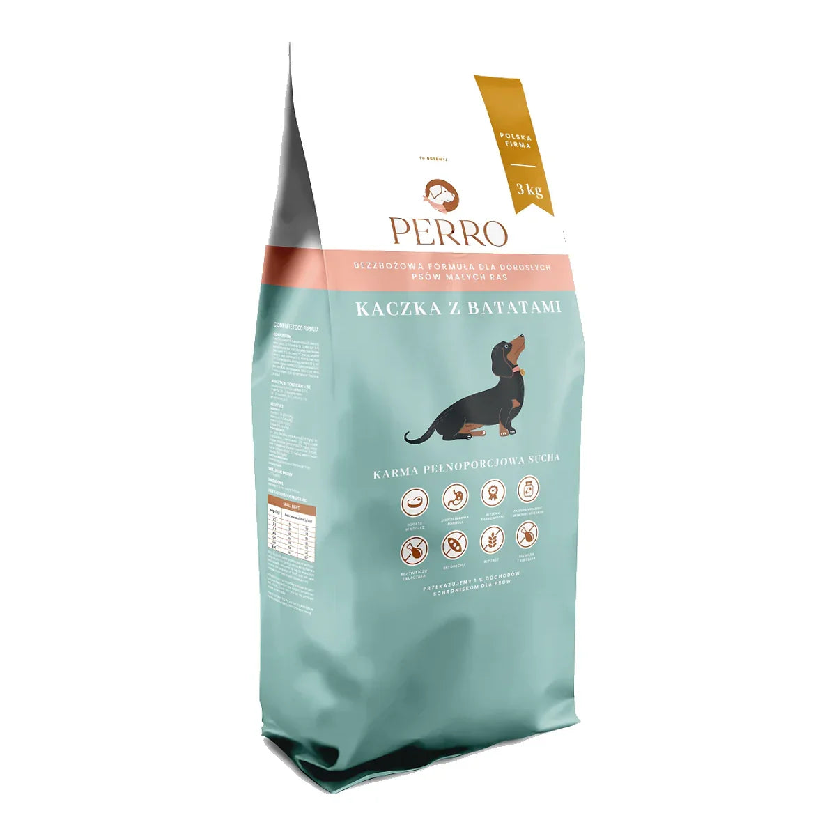 Karma sucha Kaczka z batatami – bezzbożowa formuła dla psów dorosłych małych ras 3kg – packshot produktu na białym tle