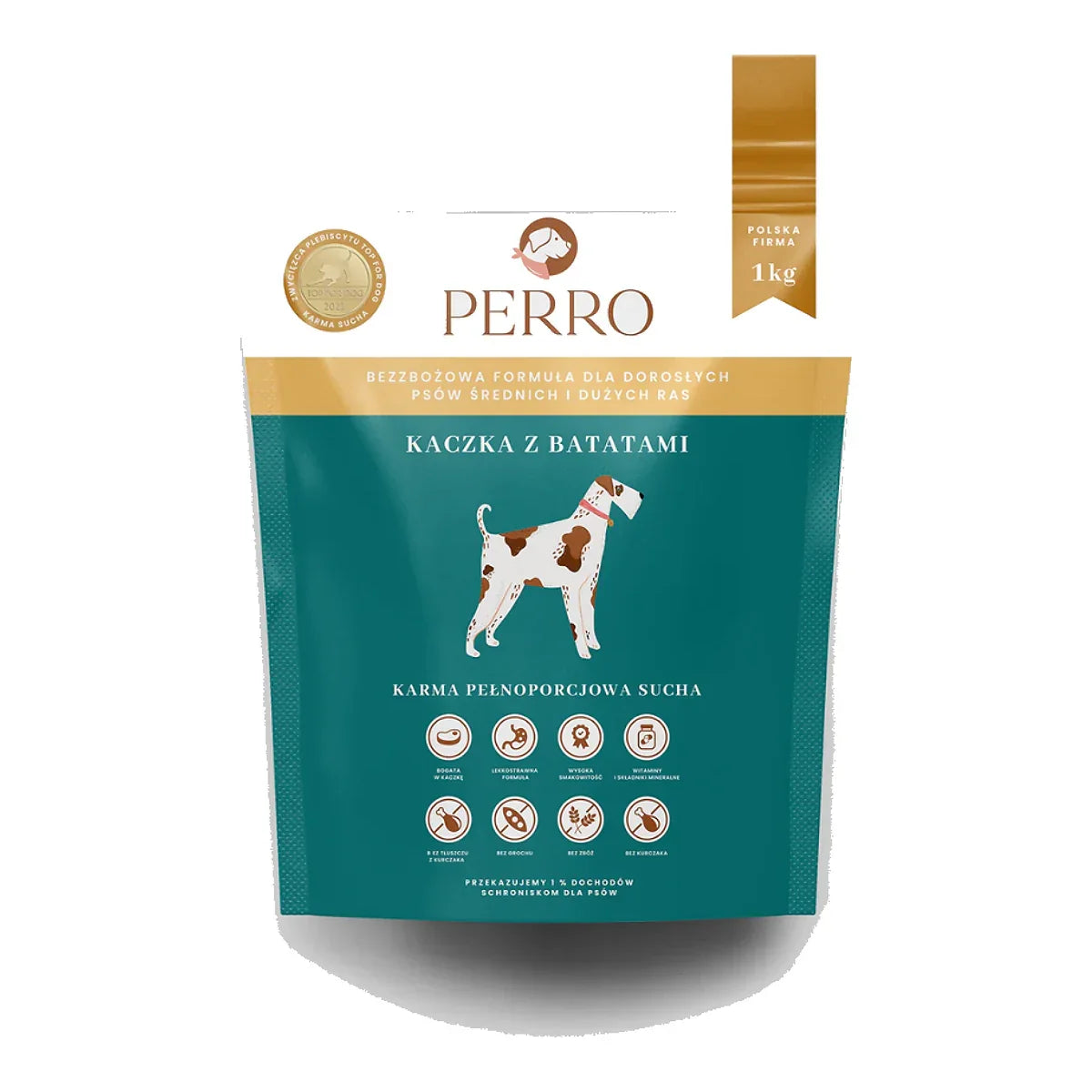 Karma sucha Kaczka z batatami – bezzbożowa formuła dla psów dorosłych średnich i dużych ras 1 kg – packshot produktu na białym tle