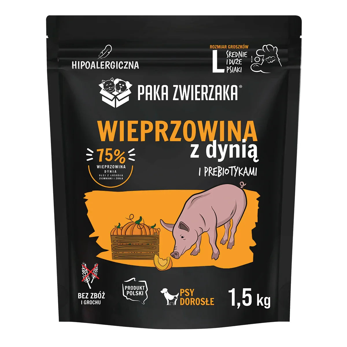 Karma sucha  Wieprzowina z dynią ''L'' - 1.5kg Paka Zwierzaka
