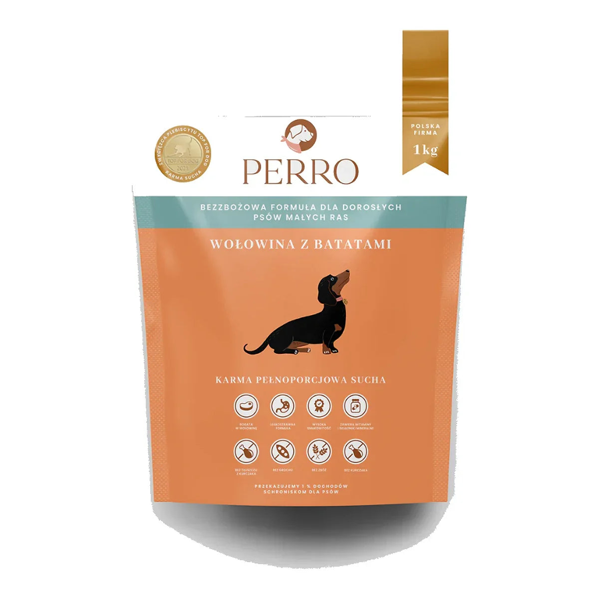 Karma sucha Wołowina z batatami – bezzbożowa formuła dla psów dorosłych małych ras 1kg – packshot produktu na białym tle