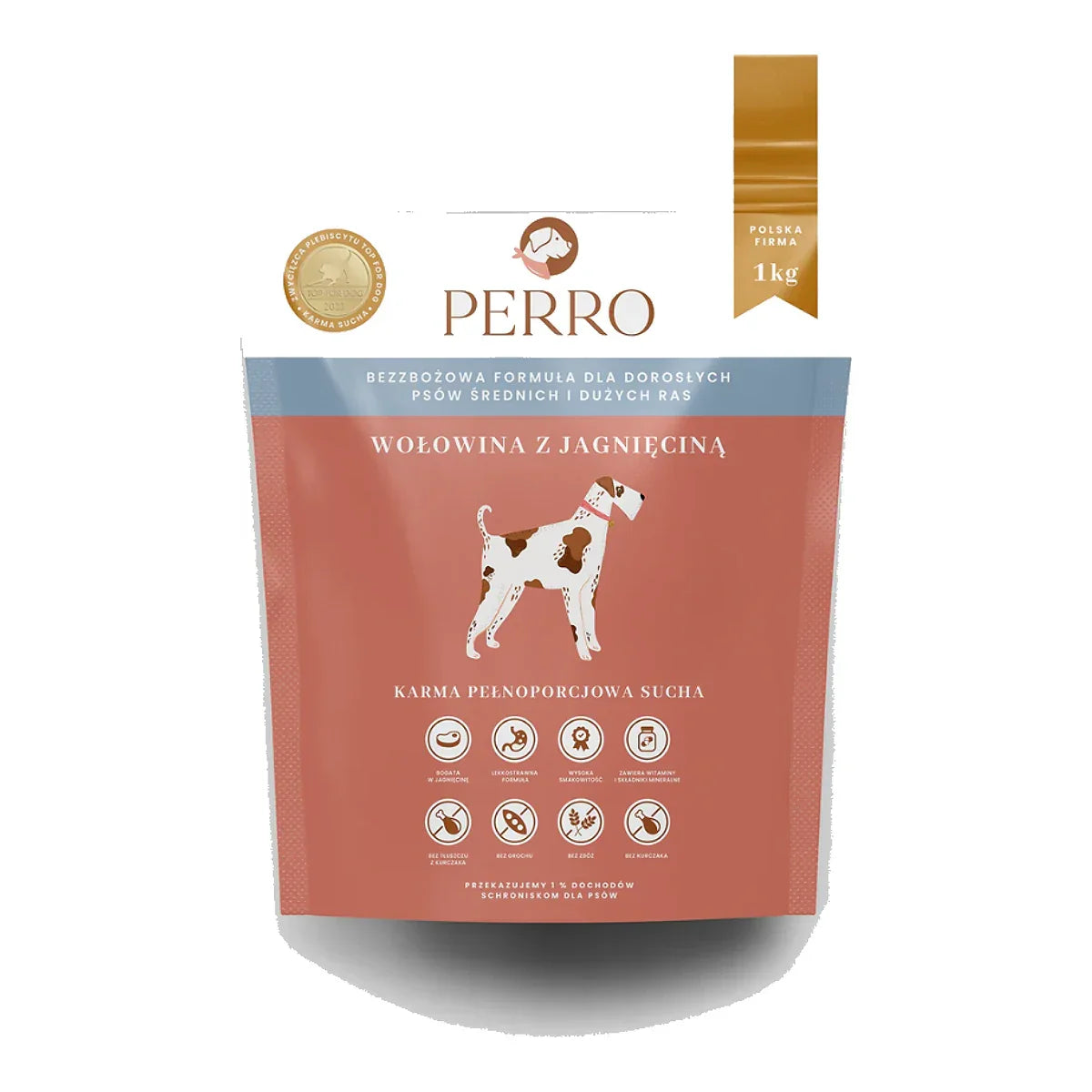 Karma sucha Wołowina z jagnięciną – bezzbożowa formuła dla psów dorosłych średnich i dużych ras 1kg – packshot produktu na białym tle